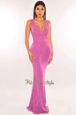 Lavender Shimmery V Neck Cut Out CrissCross Back Maxi Dress