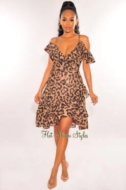 Leopard Print Off Shoulder Ruffle Wrap Baby Doll Dress -Miamis Style Shop leopard print off shoulder ruffle wrap baby doll dress hot miami styles 715800