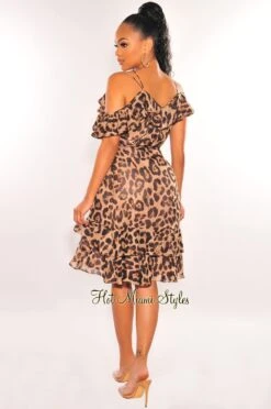 Leopard Print Off Shoulder Ruffle Wrap Baby Doll Dress -Miamis Style Shop leopard print off shoulder ruffle wrap baby doll dress hot miami styles 753112