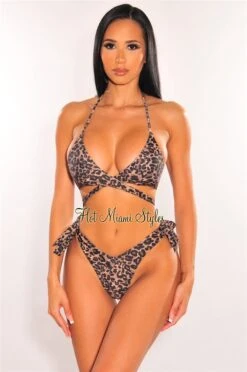 Leopard Print Padded Halter Wrap Tie Up Thong Bikini