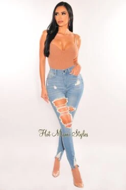 Light Blue High Waist Destroyed Ripped Hem Skinny Jeans
