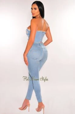 Light Denim Bandeau Lace Up Distressed Frayed Hem Crop Top -Miamis Style Shop light denim bandeau lace up distressed frayed hem crop top hot miami styles 113495