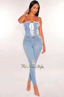 Light Denim Bandeau Lace Up Distressed Frayed Hem Crop Top -Miamis Style Shop light denim bandeau lace up distressed frayed hem crop top hot miami styles 627872
