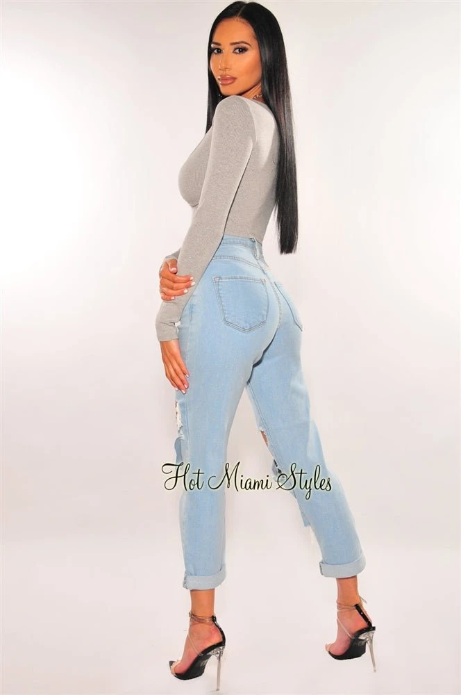 Light Denim Cut High Waist Boyfriend Jeans 2 Light Denim Cut High Waist Boyfriend Jeans - Image 2
