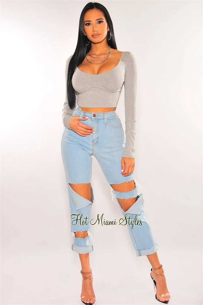 Light Denim Cut High Waist Boyfriend Jeans 1 Light Denim Cut High Waist Boyfriend Jeans