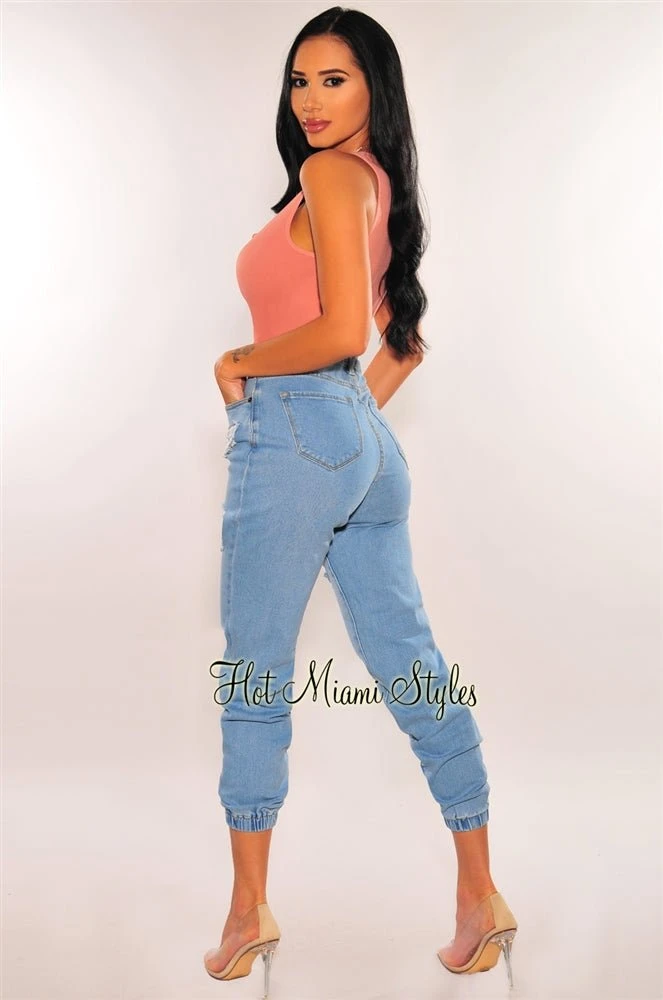 Light Denim Destroyed Loose Fit High Waist Joggers Jeans 2 Light Denim Destroyed Loose Fit High Waist Joggers Jeans - Image 2