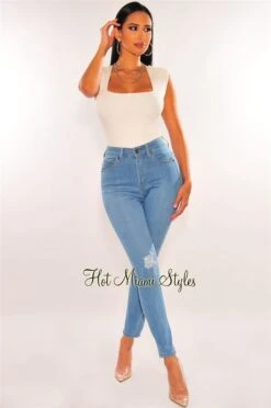 Light Denim Distressed Knee High Waist Skinny Jeans