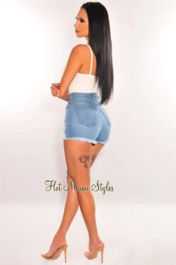 Light Denim High Waist Destroyed Frayed Hem Shorts -Miamis Style Shop light denim high waist destroyed frayed hem shorts hot miami styles 624368