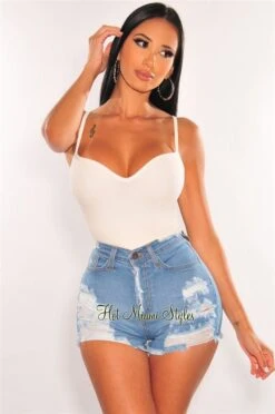 Light Denim High Waist Destroyed Frayed Hem Shorts