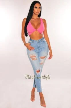 Light Denim High Waist Destroyed Skinny Ankle Jeans
