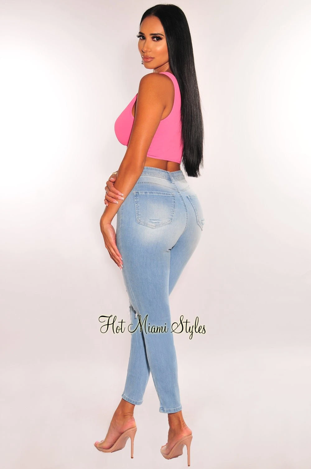 Light Denim High Waist Destroyed Skinny Ankle Jeans 2 Light Denim High Waist Destroyed Skinny Ankle Jeans - Image 2