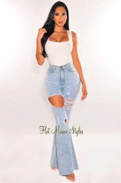 Light Denim High Waist Ripped Bell Bottoms Flare Jeans