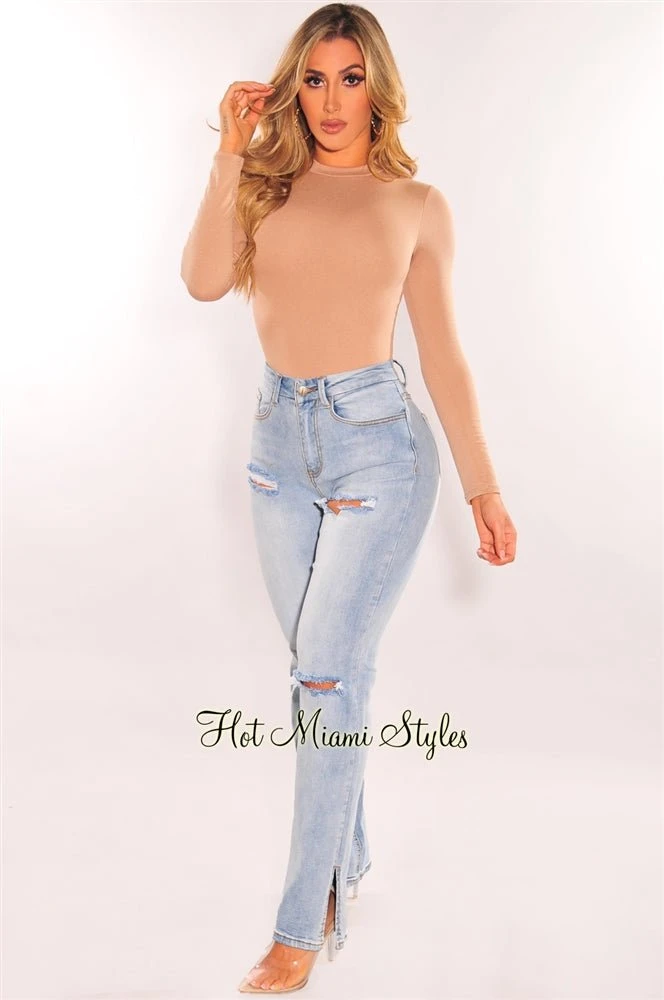 Light Denim High Waist Ripped Leg Slit Hem Jeans 1 Light Denim High Waist Ripped Leg Slit Hem Jeans