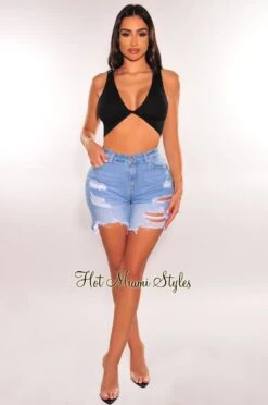 Light Denim High Waisted Destroyed Frayed Hem Biker Shorts -Miamis Style Shop light denim high waisted destroyed frayed hem biker shorts hot miami styles 195171