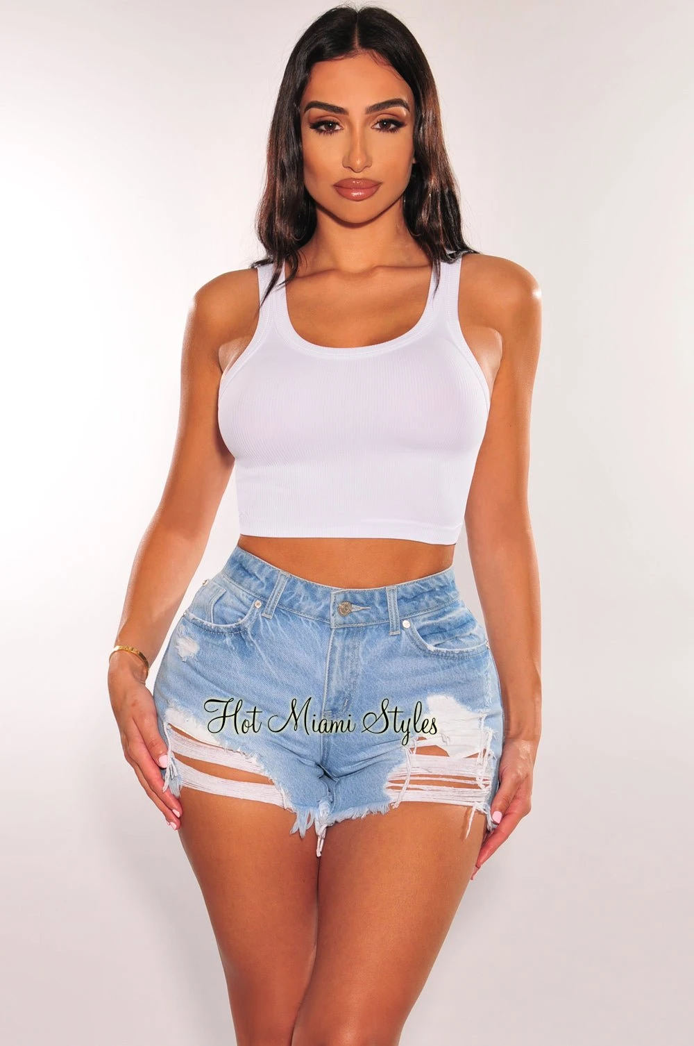 Light Denim High Waisted Destroyed Frayed Hem Shorts 1 Light Denim High Waisted Destroyed Frayed Hem Shorts