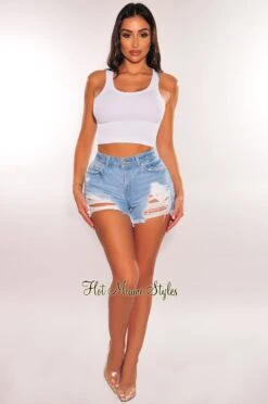 Light Denim High Waisted Destroyed Frayed Hem Shorts 6 Light Denim High Waisted Destroyed Frayed Hem Shorts -Miamis Style Shop light denim high waisted destroyed frayed hem shorts hot miami styles 887151