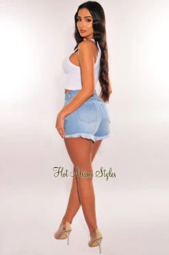 Light Denim High Waisted Destroyed Frayed Hem Shorts 7 Light Denim High Waisted Destroyed Frayed Hem Shorts -Miamis Style Shop light denim high waisted destroyed frayed hem shorts hot miami styles 927037