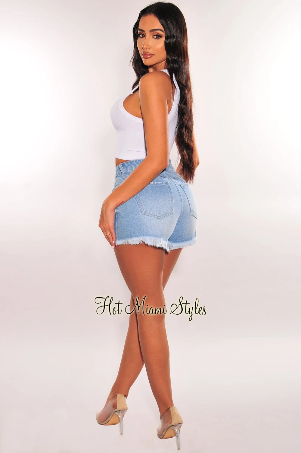 Light Denim High Waisted Destroyed Frayed Hem Shorts 4 Light Denim High Waisted Destroyed Frayed Hem Shorts - Image 4