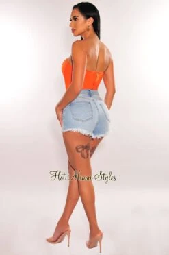 Light Denim High Waisted Frayed Mom Shorts -Miamis Style Shop light denim high waisted frayed mom shorts hot miami styles 314616