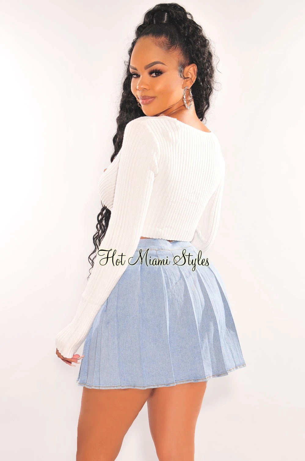 Light Denim Pleated High Waist Tennis Skort 2 Light Denim Pleated High Waist Tennis Skort - Image 2