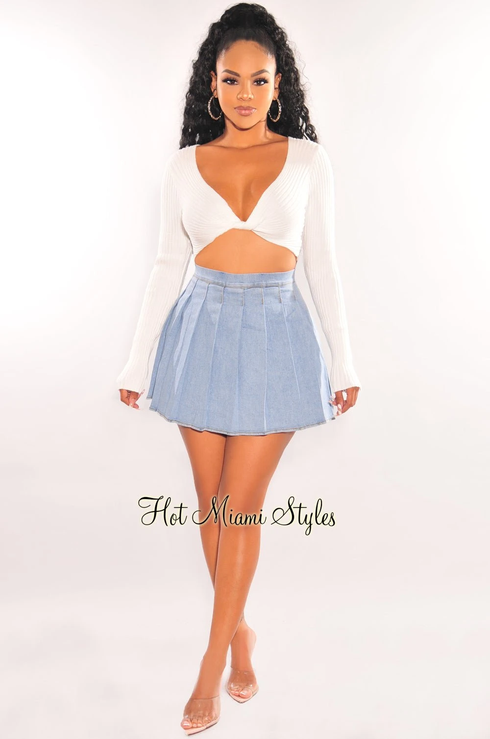 Light Denim Pleated High Waist Tennis Skort 3 Light Denim Pleated High Waist Tennis Skort - Image 3