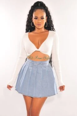 Light Denim Pleated High Waist Tennis Skort