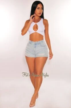 Light Denim Ripped Distressed Cuffed Shorts -Miamis Style Shop light denim ripped distressed cuffed shorts hot miami styles 387886