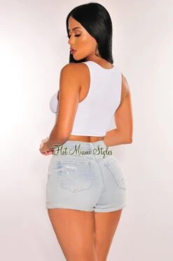 Light Denim Ripped Distressed Cuffed Shorts -Miamis Style Shop light denim ripped distressed cuffed shorts hot miami styles 411964