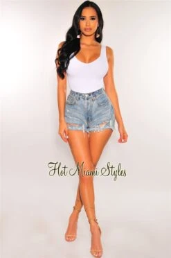 Light Denim Ripped Frayed Hem High Waist Button Up Shorts 6 Light Denim Ripped Frayed Hem High Waist Button Up Shorts -Miamis Style Shop light denim ripped frayed hem high waist button up shorts hot miami styles 372430