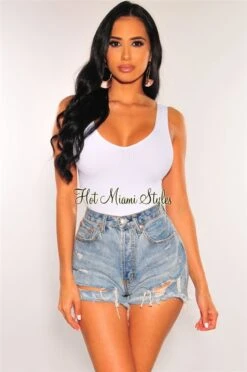 Light Denim Ripped Frayed Hem High Waist Button Up Shorts