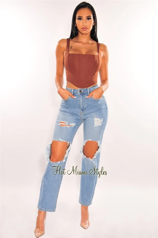 Light Denim Ripped High Waist Boyfriend Jeans 1 Light Denim Ripped High Waist Boyfriend Jeans