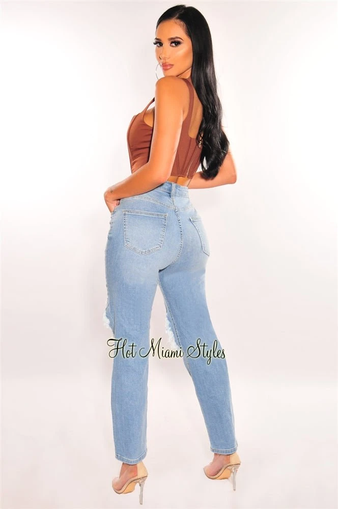 Light Denim Ripped High Waist Boyfriend Jeans 2 Light Denim Ripped High Waist Boyfriend Jeans - Image 2