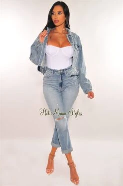 Light Denim Ripped High Waist Mom Jeans