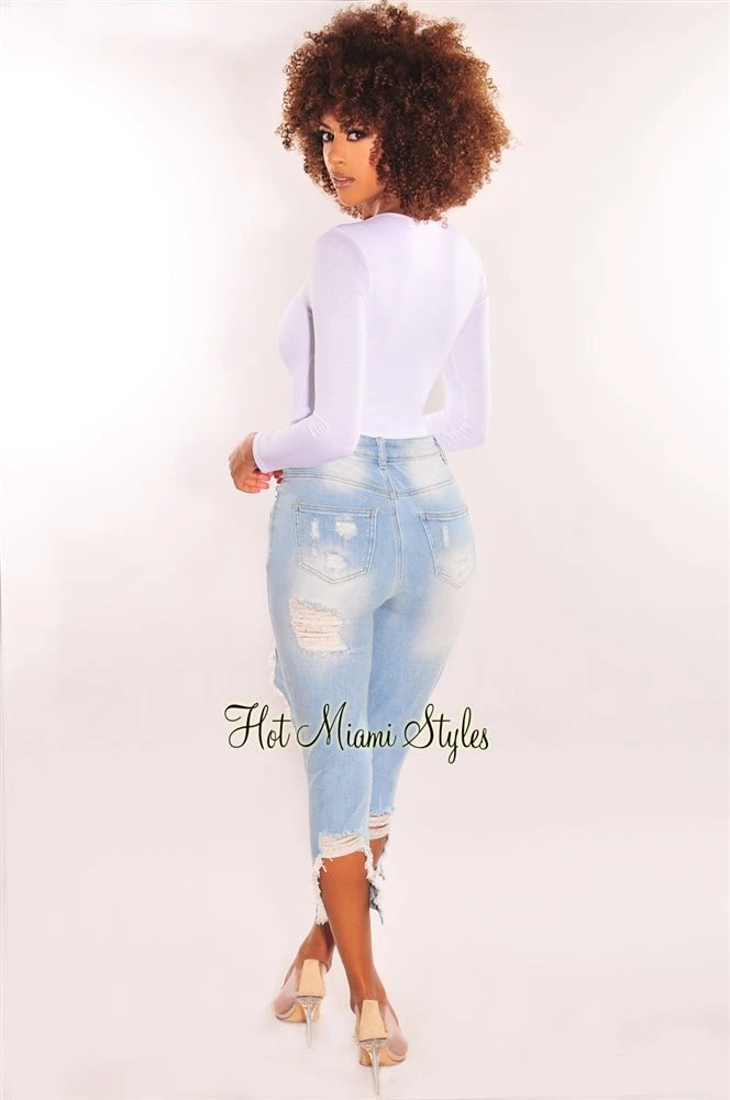 Light Denim Ripped Knee Destroyed Hem Cropped Jeans 2 Light Denim Ripped Knee Destroyed Hem Cropped Jeans - Image 2