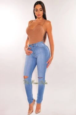 Light Denim Ripped Knee High-Waist Skinny Jeans