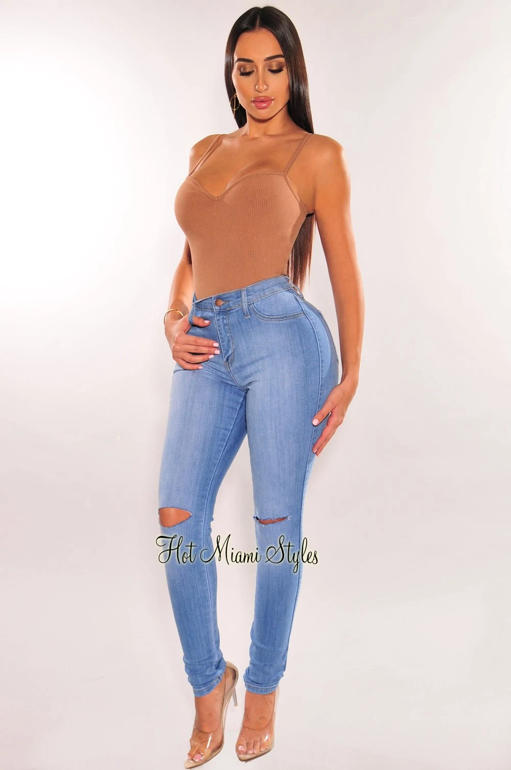 Light Denim Ripped Knee High-Waist Skinny Jeans 1 Light Denim Ripped Knee High-Waist Skinny Jeans