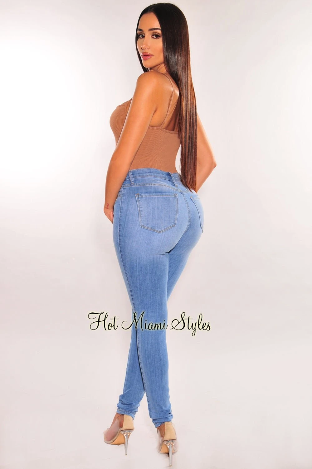 Light Denim Ripped Knee High-Waist Skinny Jeans 2 Light Denim Ripped Knee High-Waist Skinny Jeans - Image 2