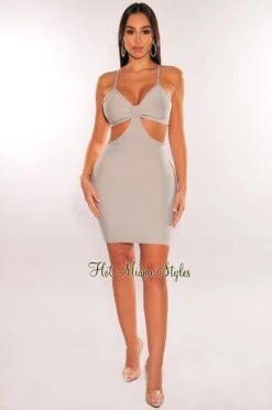 Light Gray Bandage Spaghetti Straps Knotted Cut Out Mini Dress 8 Light Gray Bandage Spaghetti Straps Knotted Cut Out Mini Dress -Miamis Style Shop light gray bandage spaghetti straps knotted cut out mini dress hot miami styles 379119