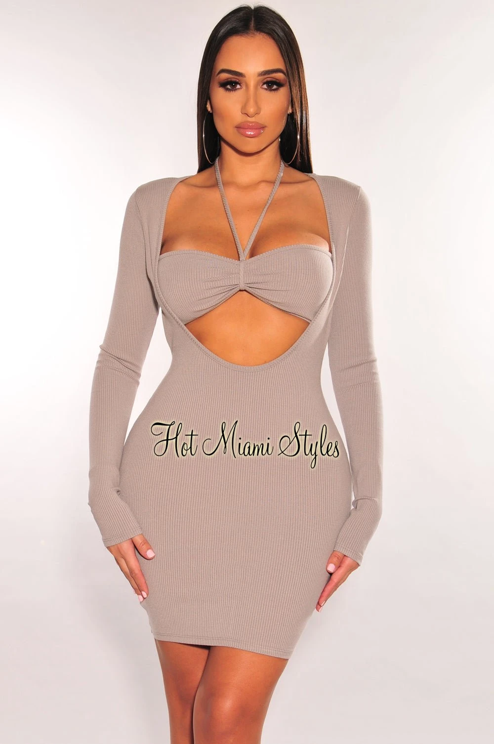 Light Gray Ribbed Halter Cut Out Long Sleeve Dress 1 Light Gray Ribbed Halter Cut Out Long Sleeve Dress