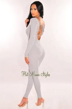 Light Gray Ribbed Round Neck Lace Up Long Sleeve Jumpsuit
