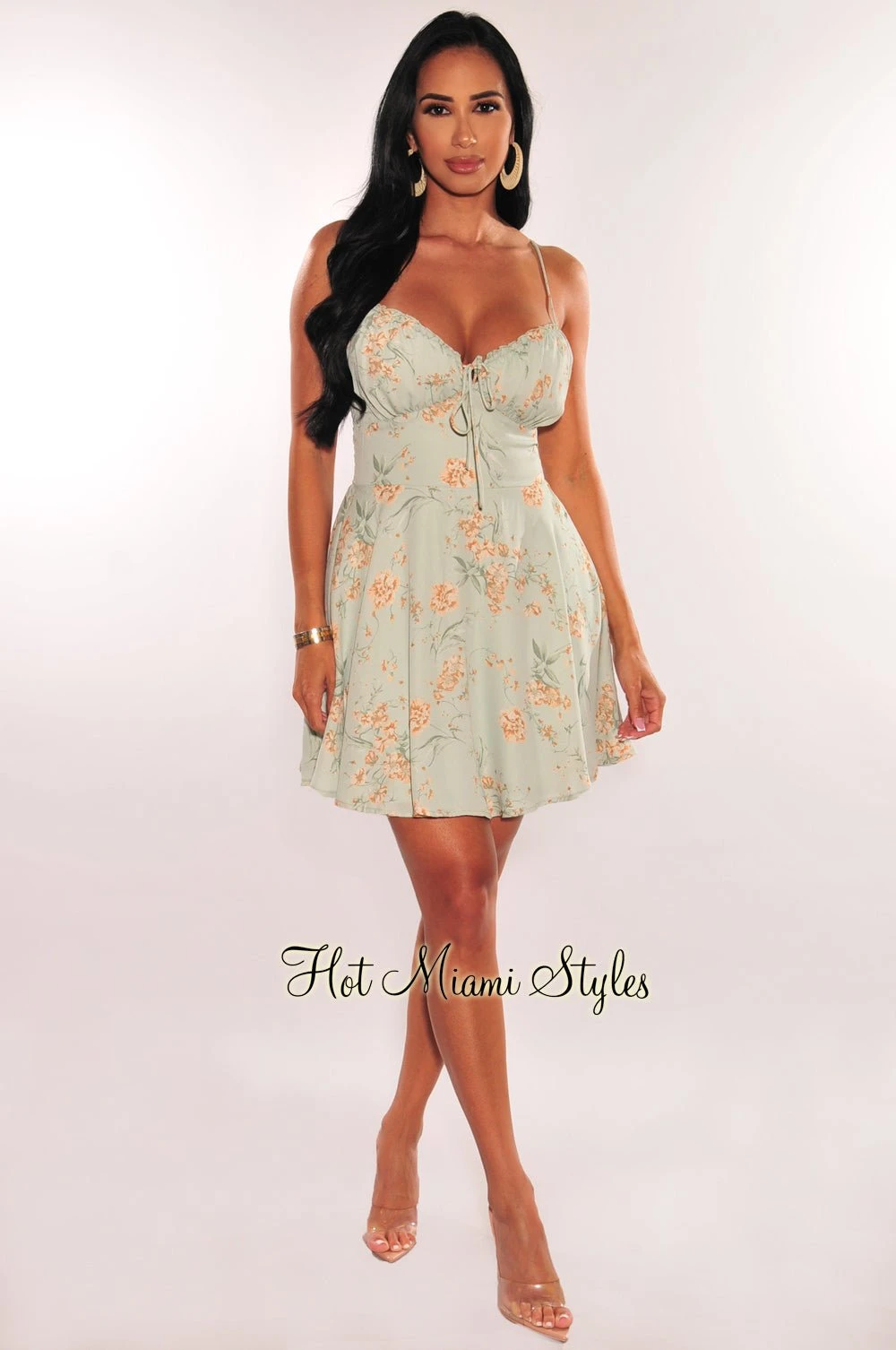 Light Sage Floral Print Padded Spaghetti Strap Babydoll Dress 3 Light Sage Floral Print Padded Spaghetti Strap Babydoll Dress - Image 3