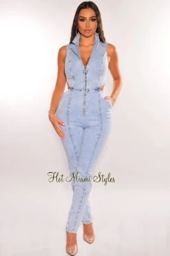 Rehab Light Wash Denim Collared Sleeveless Zipper Cut Out Jumpsuit