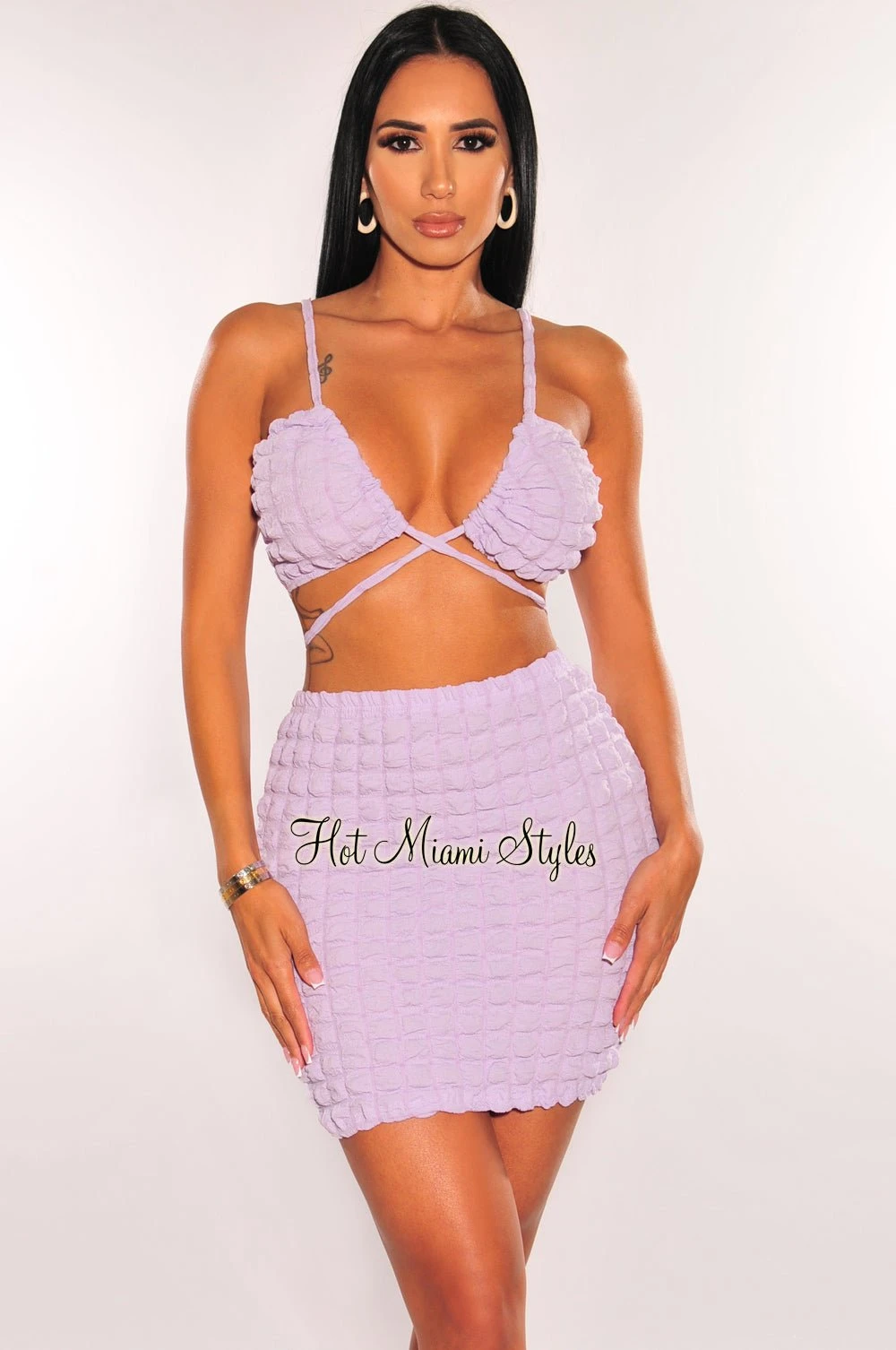 Lilac Bubble Textured Spaghetti Strap Tie Up Skirt Two Piece Set 1 Lilac Bubble Textured Spaghetti Strap Tie Up Skirt Two Piece Set
