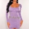 Lilac Gathered Drawstring Ruched Long Sleeves Dress