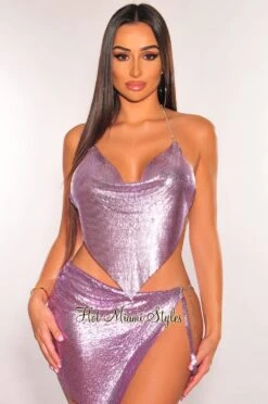 Lilac Metallic Chainmail Halter V Hem Crop Top