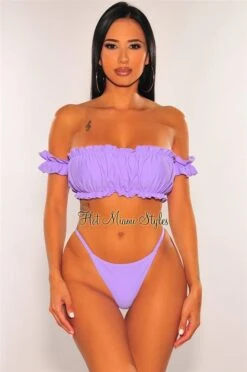 Lilac Off Shoulder Ruffle Scrunch Butt Bikini