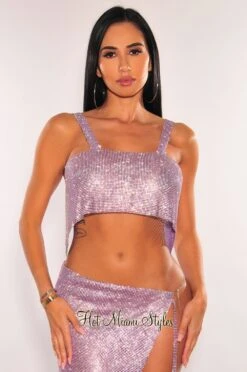 Lilac Rhinestone Mesh Chain Crop Top