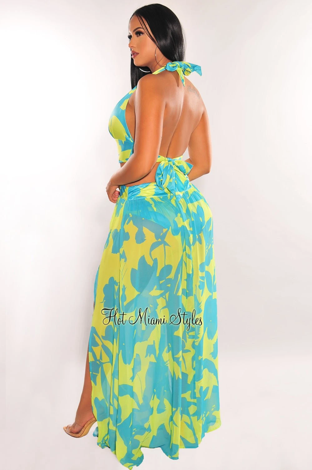 Lime Blue Halter Tie Up Cut Out Double Slit Maxi Dress 2 Lime Blue Halter Tie Up Cut Out Double Slit Maxi Dress - Image 2