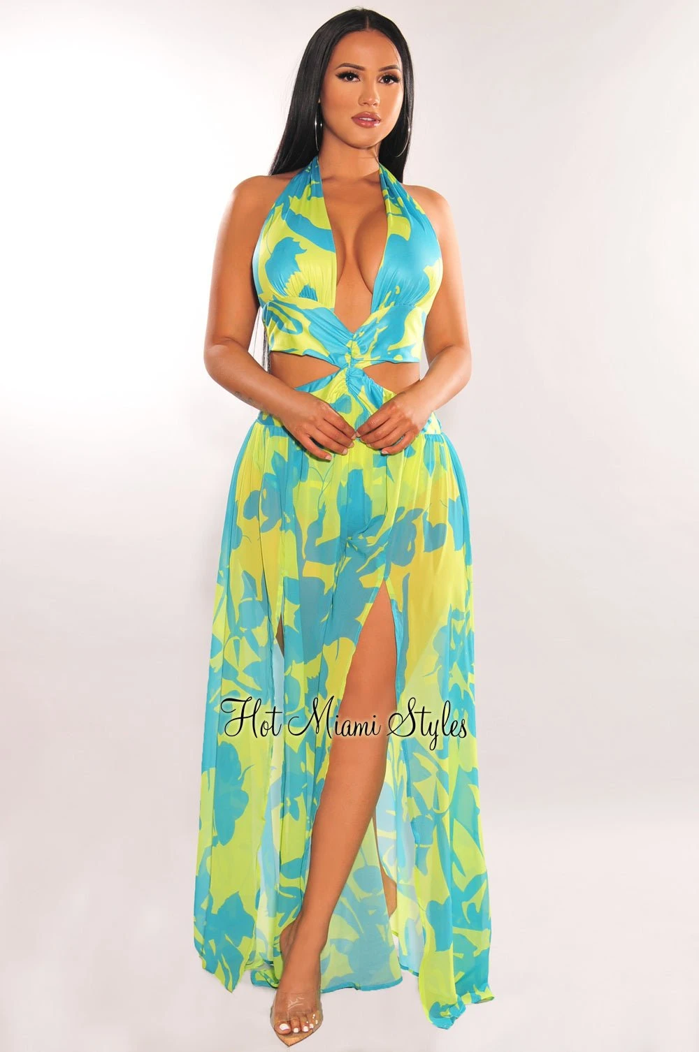 Lime Blue Halter Tie Up Cut Out Double Slit Maxi Dress 1 Lime Blue Halter Tie Up Cut Out Double Slit Maxi Dress