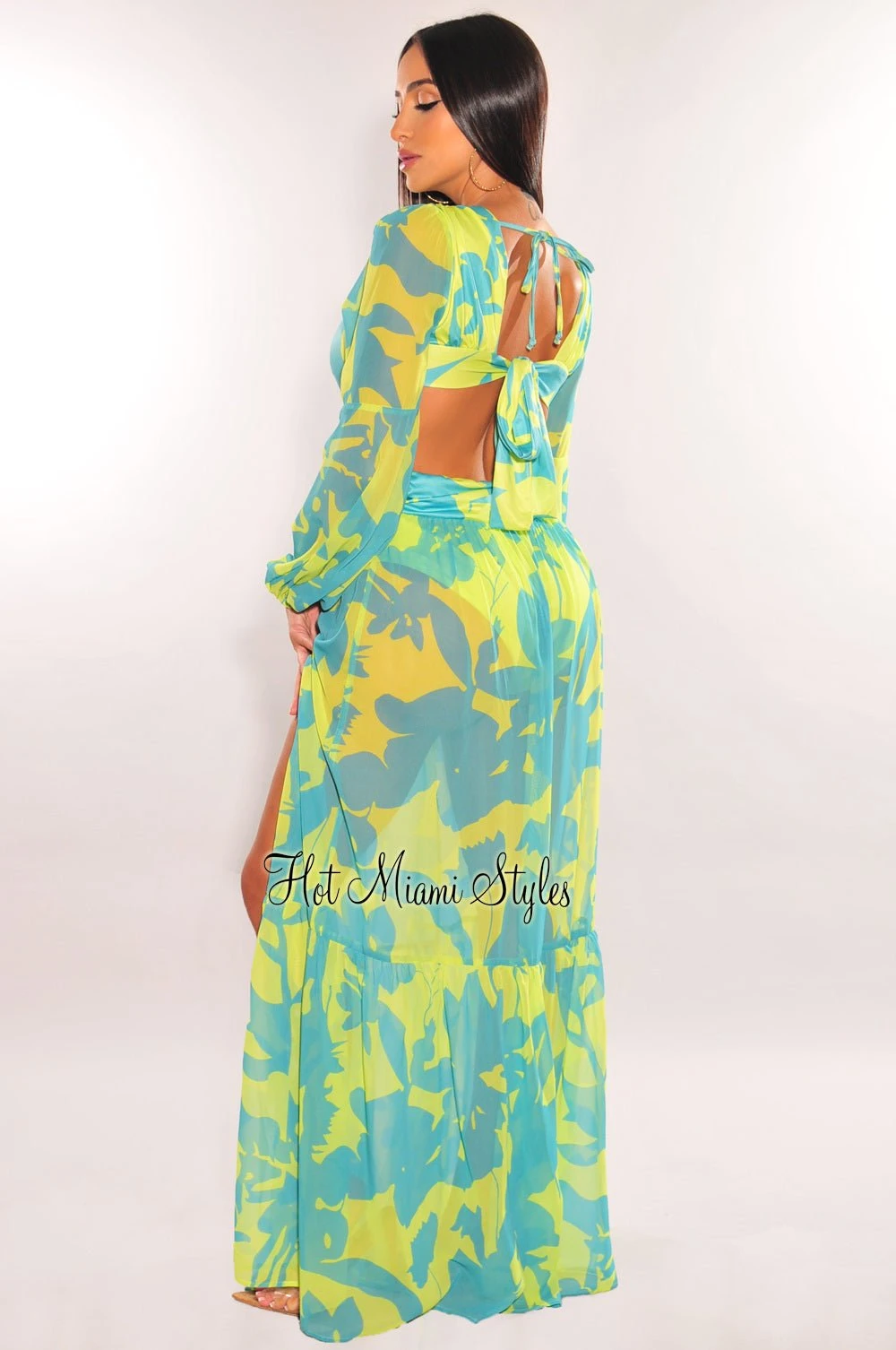 Lime Blue Print O-Ring Cut Out Long Sleeve Double Slit Maxi Dress 2 Lime Blue Print O-Ring Cut Out Long Sleeve Double Slit Maxi Dress - Image 2